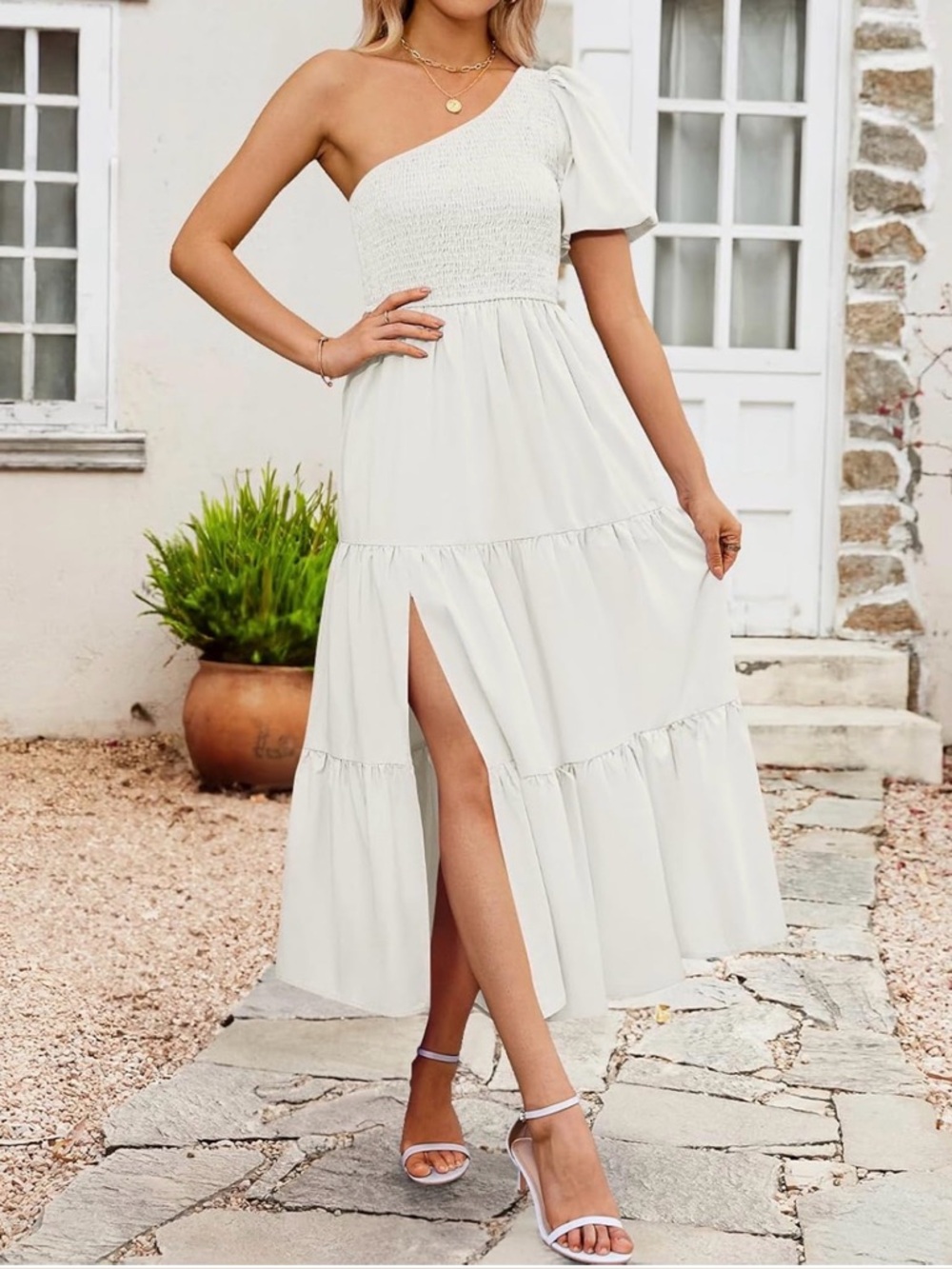 NWT-Boho One Shoulder Midi Dresses Smocked Split Ruffle - Picture 3 of 7